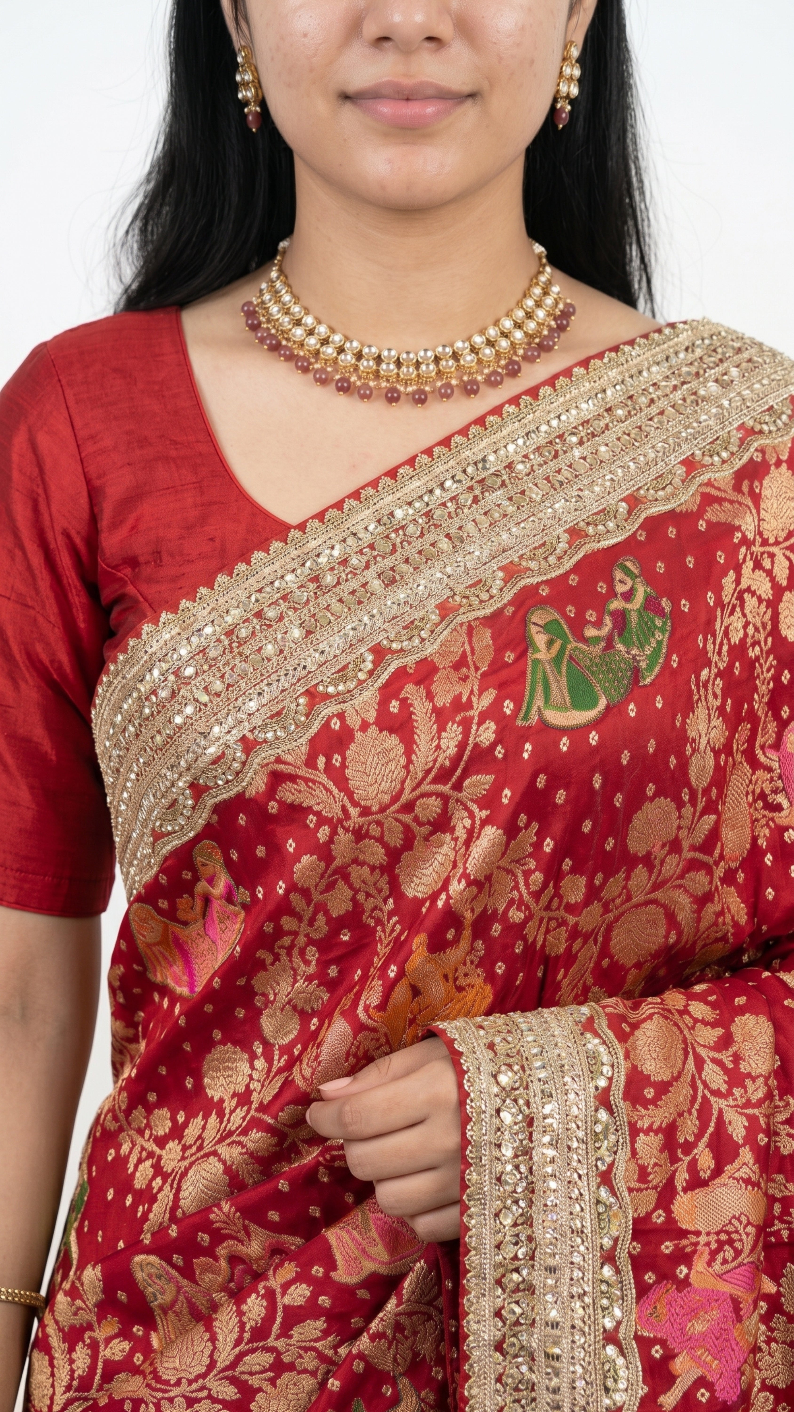 Red Georgette Unstitched Saree with Zari, Cutdana & Sequins Work and Heavy Lace Border